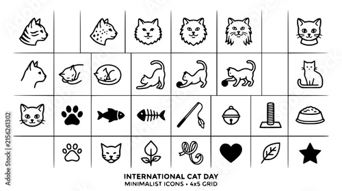 International Cat Day Minimalist Icons: Cat Faces, Paws, Toys, and More