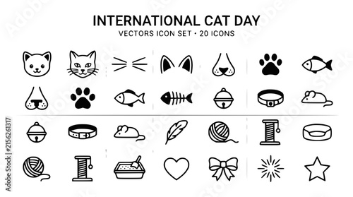 International Cat Day Vector Icons Set - Cute Cat Elements