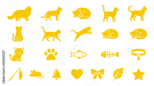 Golden Cat Icons Set: Silhouettes and Symbols for Pet Lovers