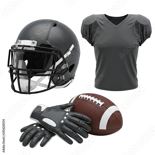 American Football Gear: Helmet, Jersey, Ball, and Gloves Isolated