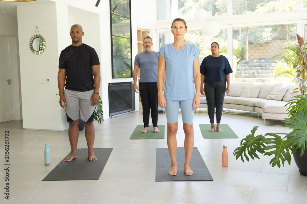 Fototapeta premium Diverse yoga class practicing on mats in living room wearing athletic clothing with water bottles
