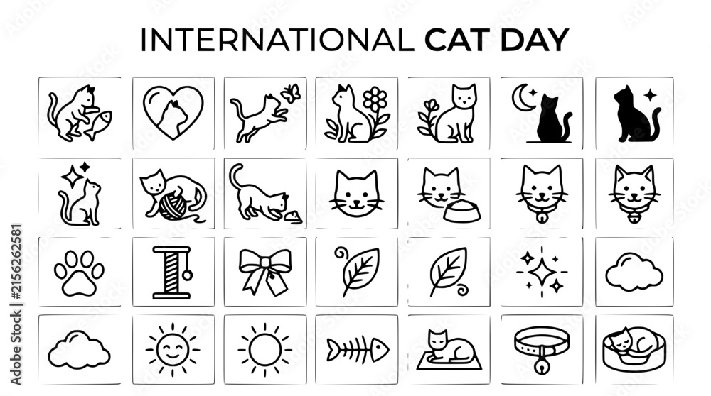 Fototapeta premium International Cat Day Icons: Cute Feline Illustrations & Symbols Set