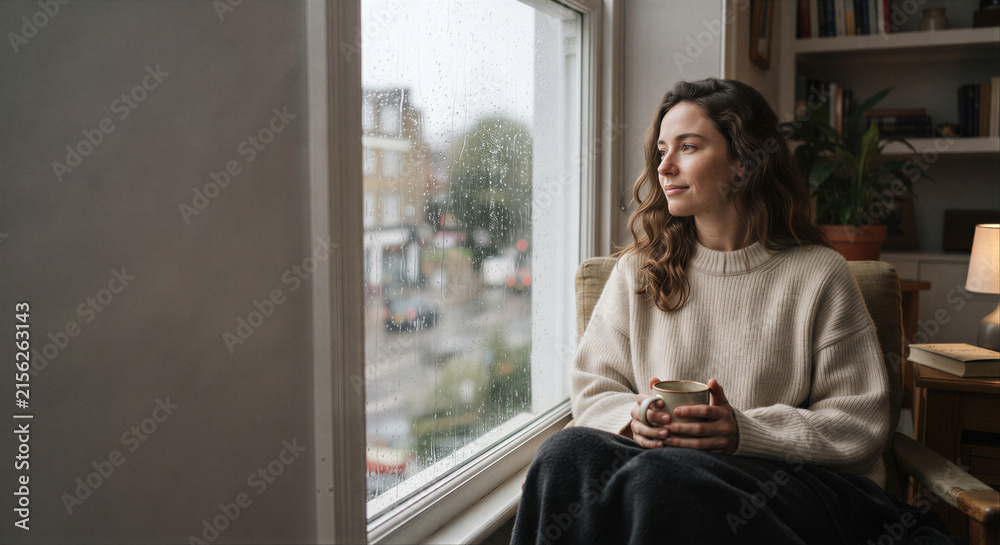 Fototapeta premium Woman Relaxing by Rainy Window with Coffee and Large Copy Space