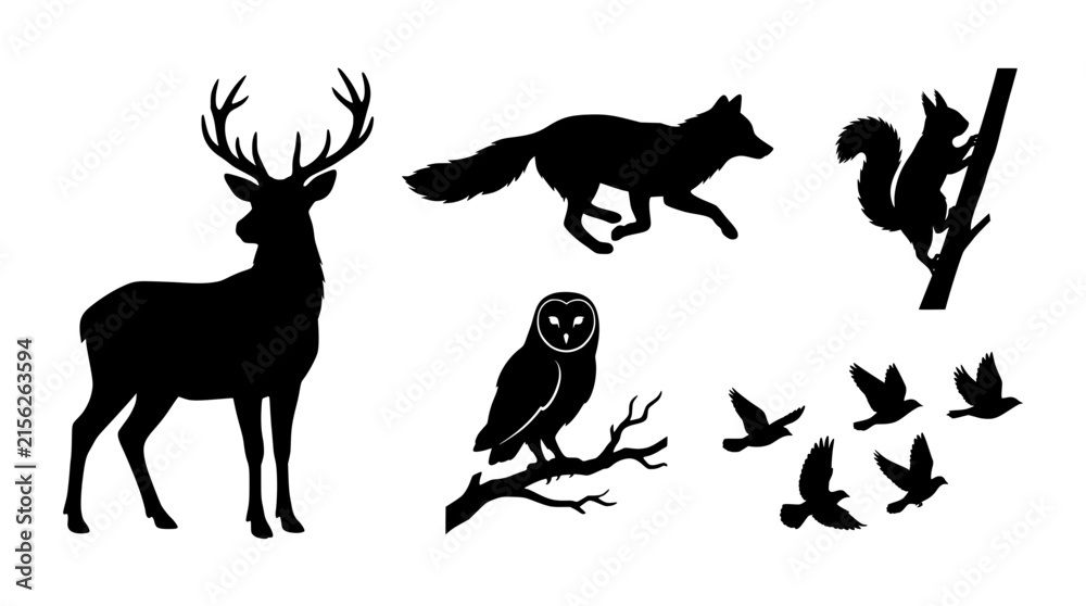 Fototapeta premium Fall Forest Wildlife Silhouette Set, Autumn Animal Vector Bundle