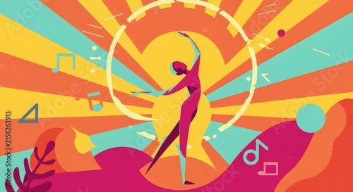 Colorful Abstract Digital Art of Dancing Woman Surrounded by Musical Notes and Vibrant Rays