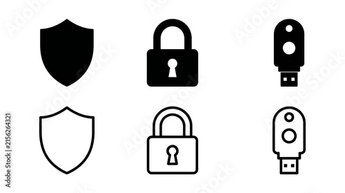 Security icons set with shield, lock, and usb drive