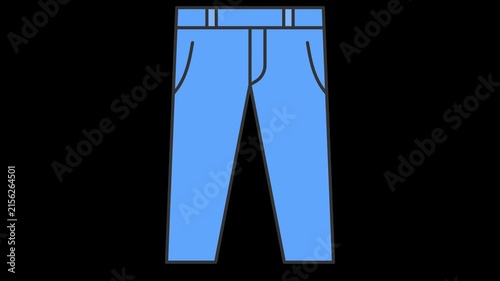 Seamless loop animation of blue long trousers moving up and down. Minimalist flat style icon graphic element isolated on transparent alpha channel background for men clothing project assets.