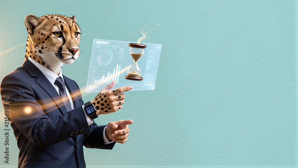 Obraz premium A cheetah in a suit points at a holographic hourglass, symbolizing time management.