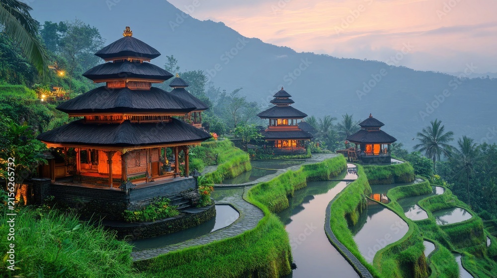 Obraz premium Beautiful pagodas nestled in lush green rice terraces at dawn in Bali. Ideal for travel blogs, cultural websites, or promoting spiritual destinations.