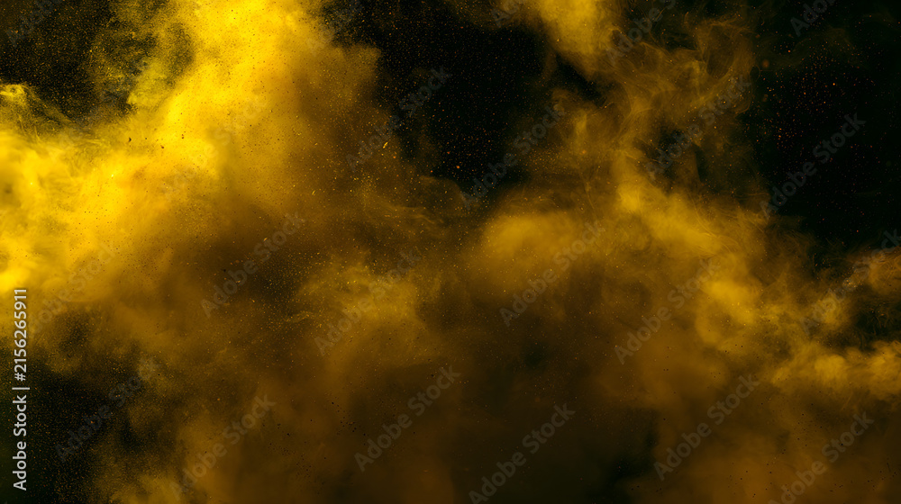 Fototapeta premium Illustration featuring modern realism with yellow smoke haze, a transparent smoky mist texture, toxic chemical smog, steam from a nightclub party, light haze, and a golden color dust overlay on a blac