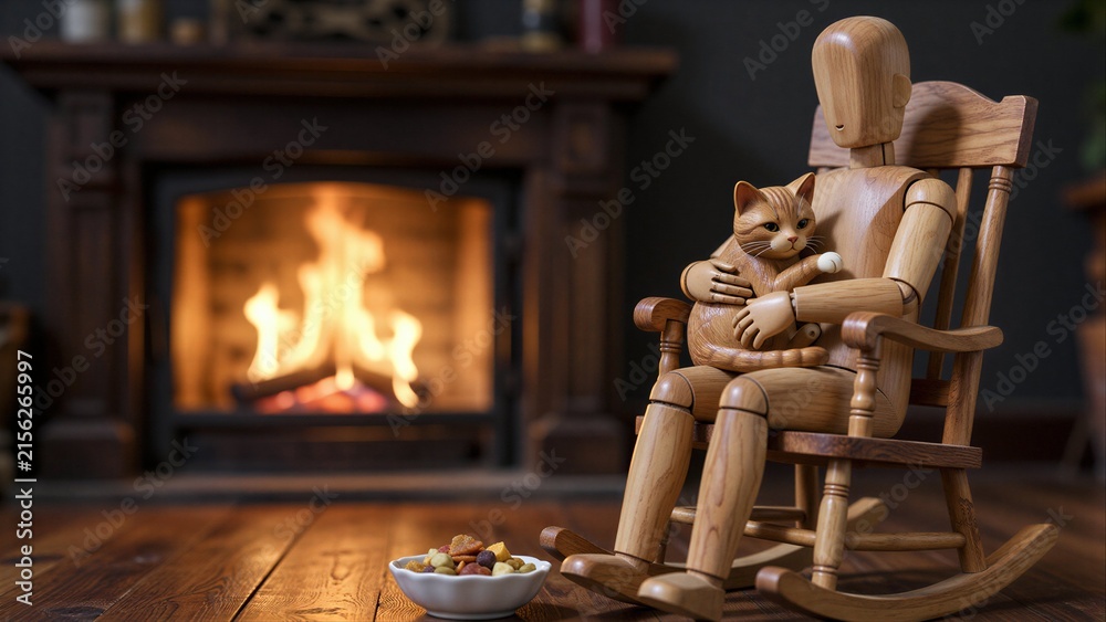 Fototapeta premium Wooden mannequin cradles cat in rocking chair by warm fireplace.
