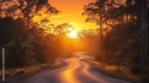 Golden sunrise over the road curve, with forest trees on both sides. Ideal for travel, adventure, and serene landscapes, evoke wanderlust.