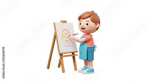 Young Boy Drawing on Easel with Colorful Portrait in Playful Classroom Setting