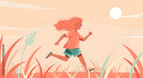 Young Girl Running Outdoors in Warm Sunset Atmosphere with Long Hair and Bright Clothing
