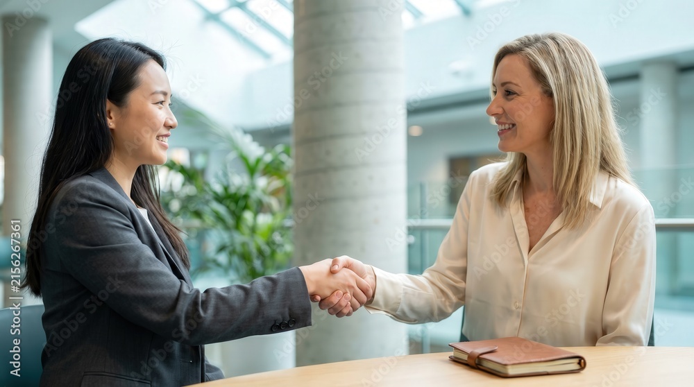 Obraz premium Diverse businesswomen shaking hands in modern bright office lobby for successful job interview, corporate partnership or recruitment agreement.