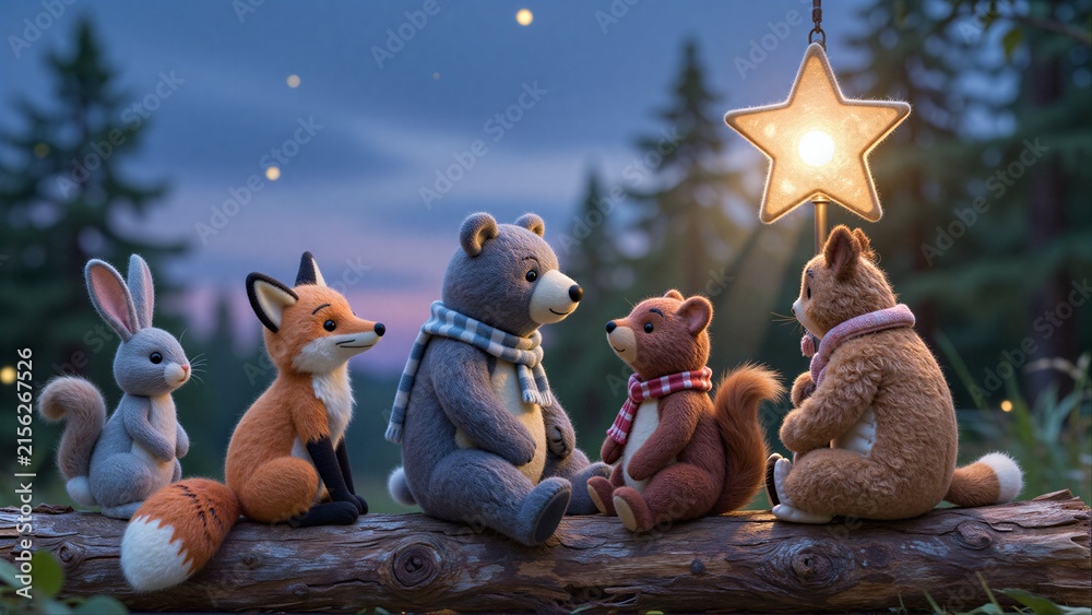 Naklejka premium Five stuffed forest friends gather on a log under a glowing star.