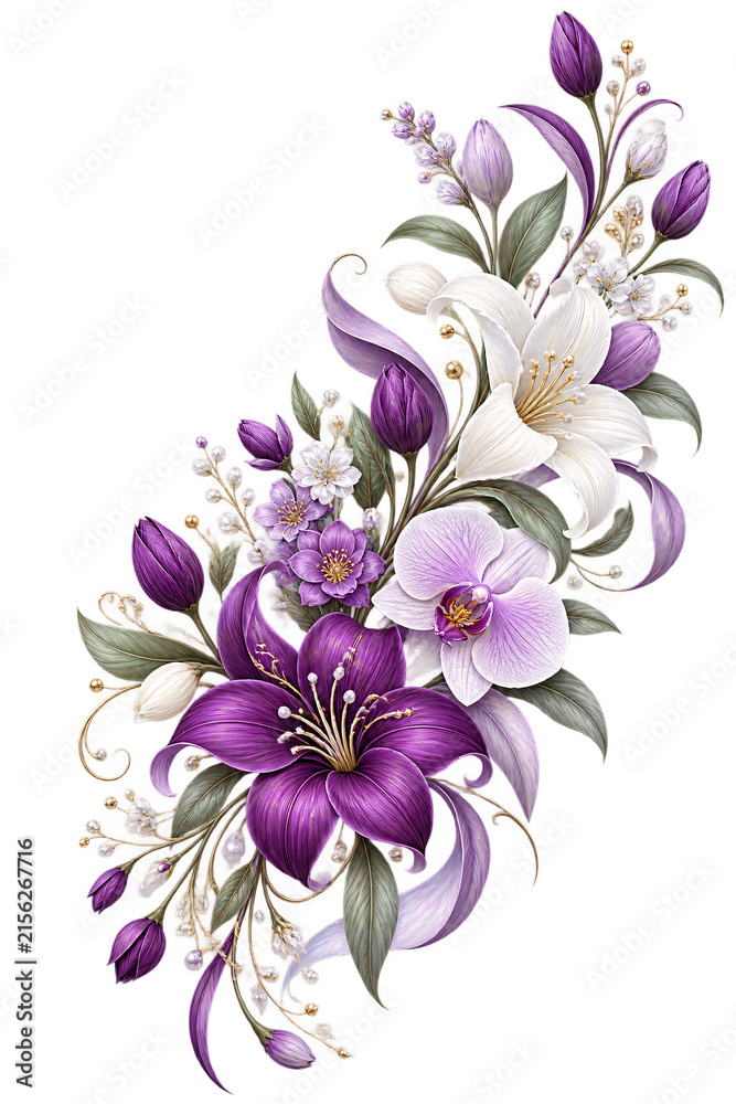 Obraz premium Soft Pink Flower Bouquet on White Background with Delicate Green Leaves, Elegant Floral Botanical Illustration for Spring, Summer, Wedding, Decoration and Romantic Card Design