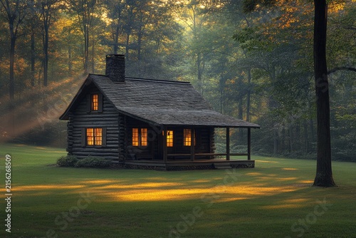 Secluded log cabin glows warmly at dusk, surrounded by a dense forest. Use for travel, nature, cozy getaway, or rural lifestyle themes.
