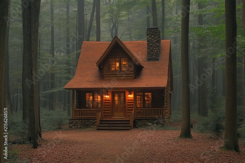 Charming log cabin glows warmly in a misty forest, evoking peace. Ideal for illustrating cozy escapes, nature retreats, and quiet living.
