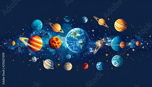 Abstract 3D rendering of glowing colorful planets in space.