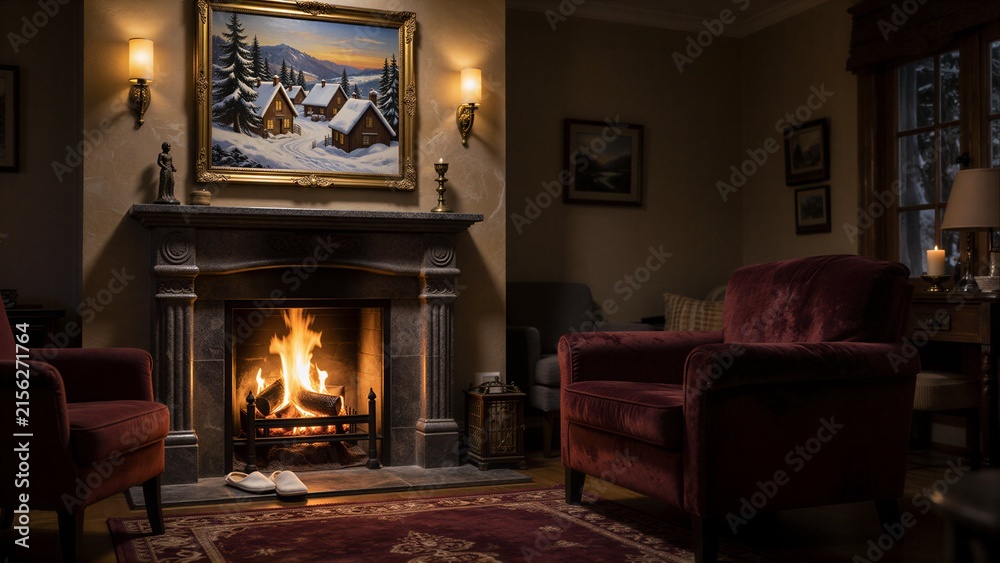 Fototapeta premium Cozy living room with fireplace, warm lighting, and snowy winter scene on the wall.