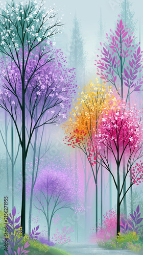 Colorful flowering spring trees glowing through soft pastel mist with layered branches, vibrant blossoms, tall trunks, dreamy forest atmosphere, fresh growth, serene botanical landscape