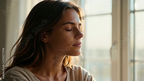 Serene young woman smiling by window in warm golden sunset light, peaceful indoor atmosphere with cinematic backlighting.