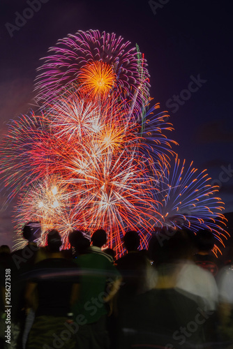 びわ湖大花火大会の夜空を彩る花火。滋賀県大津市で開催されたびわ湖大花火大会。琵琶湖の湖畔を舞台に、色鮮やかな花火が夏の夜空を彩る日本を代表する花火大会。
