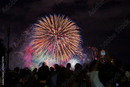 びわ湖大花火大会の夜空を彩る花火。滋賀県大津市で開催されたびわ湖大花火大会。琵琶湖の湖畔を舞台に、色鮮やかな花火が夏の夜空を彩る日本を代表する花火大会。
