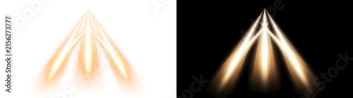 Triple searchlight beam array with converging amber light columns glowing transparent overlay design element
