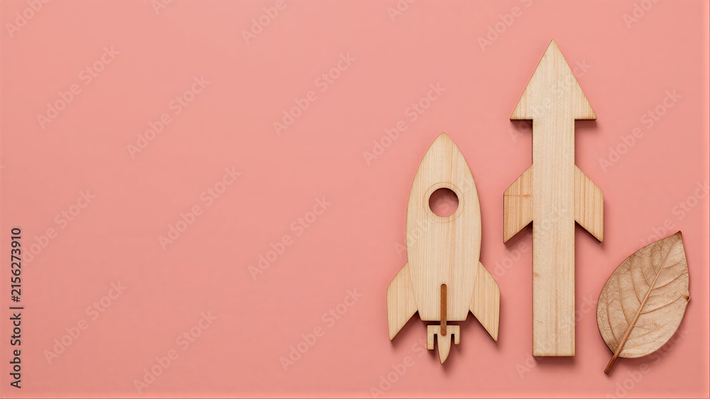 Naklejka premium Wooden rocket and arrow on pink background, symbolizing growth and nature.