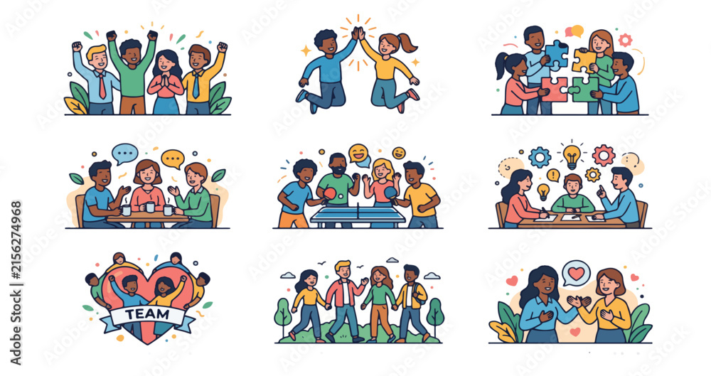 Fototapeta premium Team Bonding & Social Wellness Icons – Workplace Teamwork Vector Illustration Set