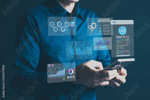 AI Business Automation and Data Analytics Dashboard on Digital Tablet for Smart Business Technology