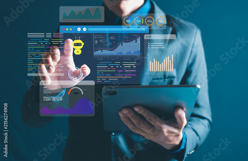AI Business Analytics Dashboard on Tablet with Data Visualization and Digital Technology InterfaceAI Business Analytics Dashboard on Tablet with Data Visualization and Digital Technology Interface