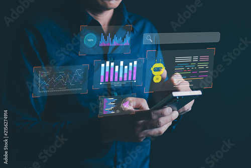 AI Data Analytics and Business Intelligence Dashboard on Tablet with Predictive Insights and Digital Technology