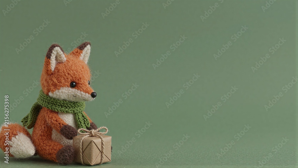 Naklejka premium Knitted fox in green scarf sits beside small wrapped gift on soft green background.