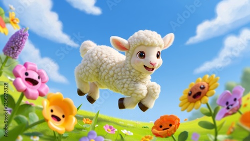 Cute Cartoon Lamb Jumping in a Field of Whimsical Flowers