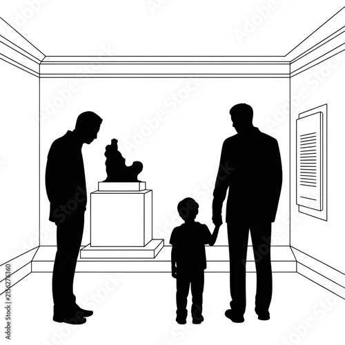 Silhouetted family viewing art in modern gallery space
