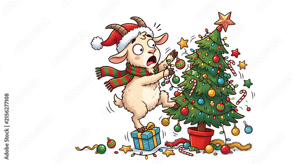 Fototapeta premium Funny Christmas goat trying to decorate a Christmas tree, standing on a tiny gift box, ornaments falling everywhere, exaggerated surprised expression, Santa hat and festive scarf, whimsical cartoon 