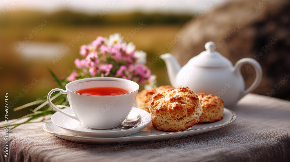 Fototapeta premium A delightful tea set with scones and flowers, perfect for an afternoon break