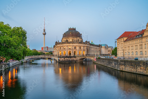 Bode museum at museum island on Spree river at sunset. Berlin, Germany