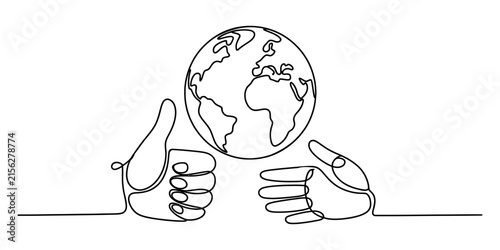 Continuous single line drawing of human hands holding and protecting the planet earth globe icon