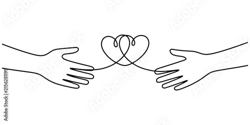 Two hands reaching towards each other with a single line heart shape connecting them