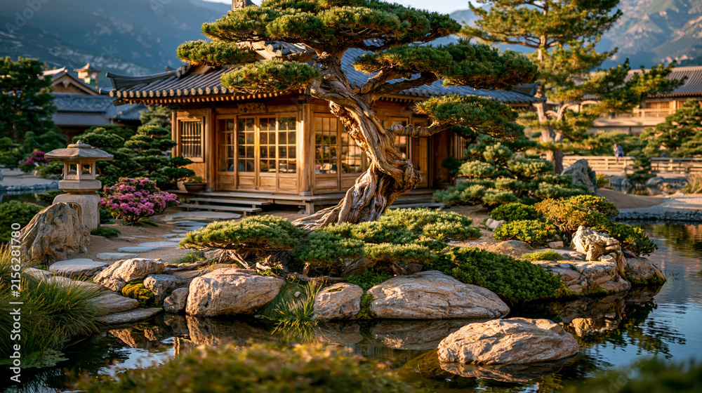 Obraz premium Traditional japanese garden with bonsai tree pond and wooden teahouse pavilion japanese teahouse