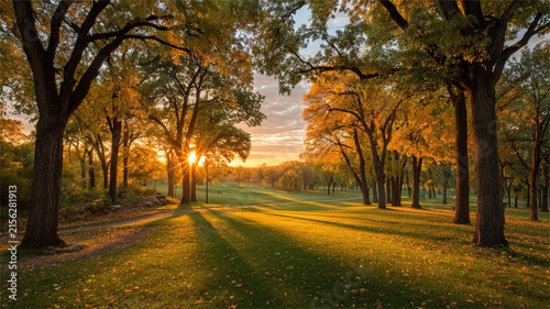 Sunset over a tranquil autumnal field framed by orange trees with landscape, sunlight