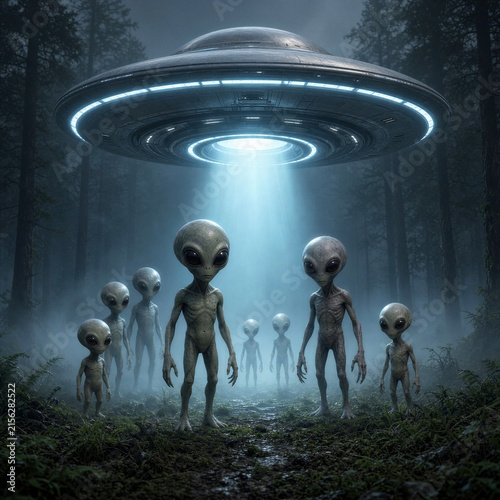 Grey Alien Beings Standing Under Classic Flying Saucer UFO Beam in Misty Forest Night Scene