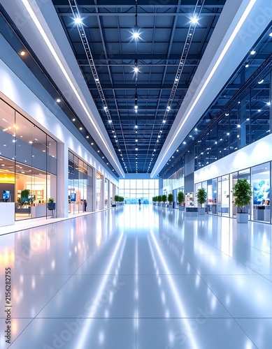 Modern airport terminal with illuminated ceiling and moving walkway.