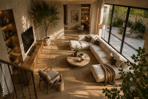 Luxury Warm Minimalist Living Room Interior with Natural Wood and Sunlight