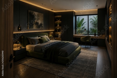 Luxury Dark Modern Bedroom Interior with Warm Ambient Lighting and Indoor Plants