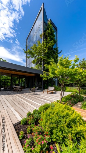 Modern house with sloped roof and lush garden pathway.